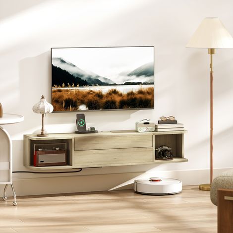 Meuble TV suspendu meuble télé pour téléviseur 50 pouces tiroir étagères passe-câbles 120x24x22,4cm effet bois naturel (1/5)