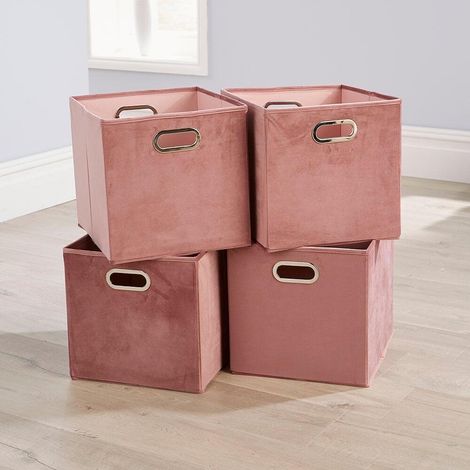 Folding Flat Velvet Blush Square Storage Utility Box Fabric Cube 4pc Basket Set (1/4)