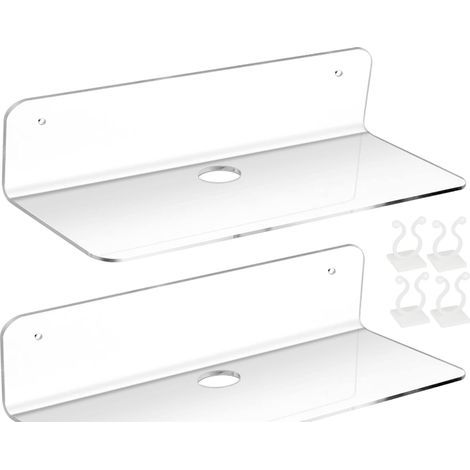 BRAVIX 2PCS Étagère Murale Flottante en Acrylique,Etagere Murale Blanche Lot de 2,Etagere sans percer en Acrylique pour Chambre, Salle de Bains, Cuisine, Salon, Bureau, avec 4 Clips Câble (1/5)
