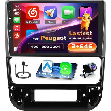 [2G+64G] Autoradio Android 15 pour 406 (1999-2004) 9 Pouces Écran Tactile avec Carplay sans Fil Android Auto Bluetooth Main Libre GPS WiFi FM RDS Radio Caméra de Recul (1/5)