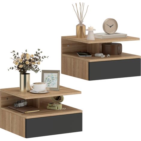 Beyamis Set aus 2 schwebenden, wandmontierten Nachttischen mit Schublade, 35 x 32 x 22,5 cm, Eiche und Schwarz