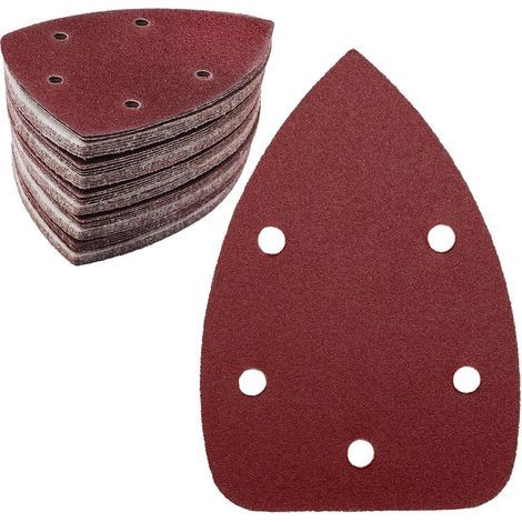 Lot de 50 feuilles de papier abrasif triangulaire, grain 120, 5 trous, papier abrasif auto-agrippant, papier abrasif delta pour ponceuse triangulaire 140 x 100 mm (1/5)
