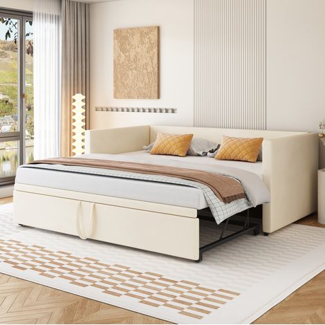Canapé-lit 90/200 cm beige en velours avec couchage gigogne extensible (1/5)