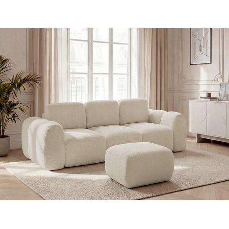 BOBOCHIC - Canapé droit convertible coffre 3 places MONTAIGNE tissu bouclette avec pouf   Beige
