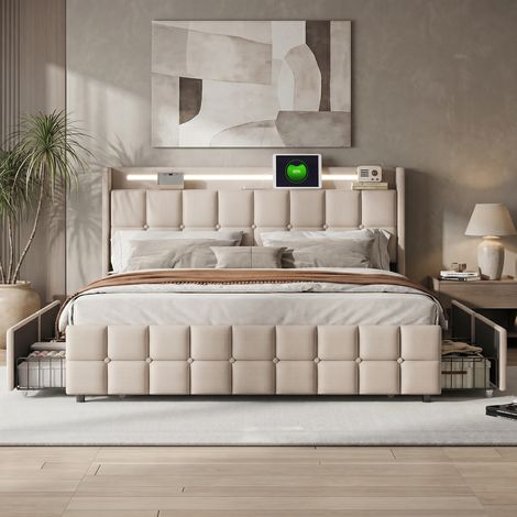 Polsterbett 160x200 cm mit 4 Schubladen - Gepolstertes Kopfteil, LED-Beleuchtung und USB-Anschlüsse - Leinen - Beige