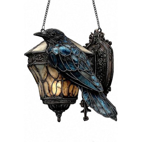 Corbeau sur Lanterne Sucatcher Halloween, Déco Murale en Verre Acrylique Style Académique Sombre, Ornement Lumineux pour Maison Gothique, Cadeau Unique (1/5)