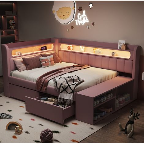 Cama individual tapizada 90x200 cm rosa de MDF con cabecero, USB, LED, 2 cajones y zapatero integrado