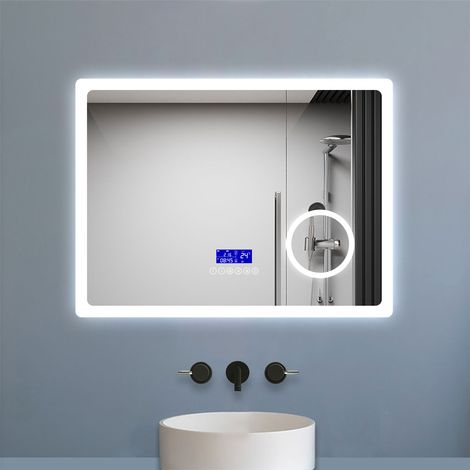 Aica Miroir de salle de bain led bluetooth, 100x60cm Anti-buée, 3x Loupe, 3 couleurs de lumière