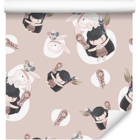 Papel pintado indio con conejitos y plumas para salón y dormitorio, 50x1000 cm. (1/5)
