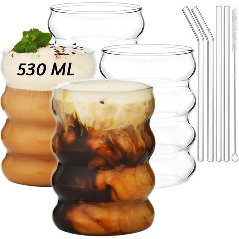 Gerippte Trinkgläser 530ml mit Glasstrohhalmen, 4er Set, Eiskaffee, Longdrink (1/5)