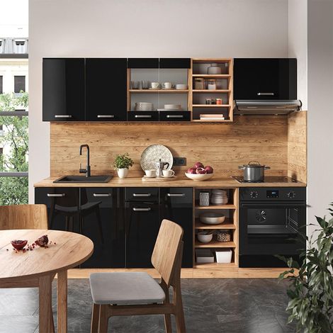 Mueble de cocina R-Line, Roble negro/dorado de alto brillo, 240 cm sin encimera, Vicco (1/5)