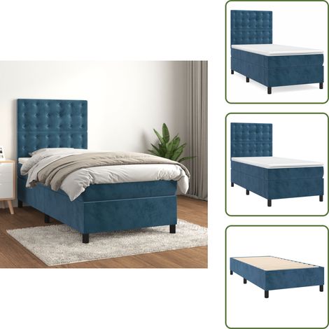 Sommier à lattes de lit avec matelas Bleu foncé 90x190 cm - Lit Tapissier - Lit Double - Lit Avec Sommier - Matelas Ressort Ensaché - Literie Bleue (1/5)
