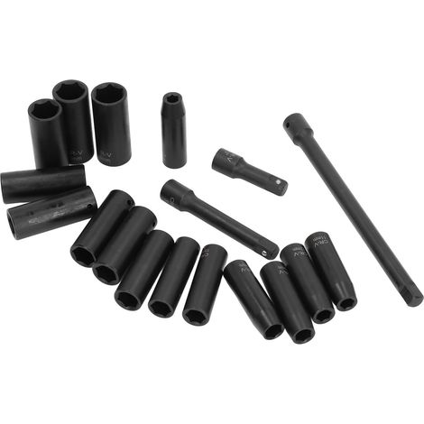 Set de 18 douilles à choc 10-24mm, acier Cr-V, hexagonales profondes, pour réparation automobile, coffret complet. (1/5)