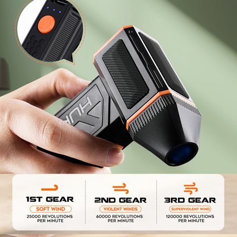 Ortviai Ventilateur portable à turbine coaxiale 120 000 tr/min, batterie intégrée 2500 mAh, 3 vitesses, noir/orange (1/2)