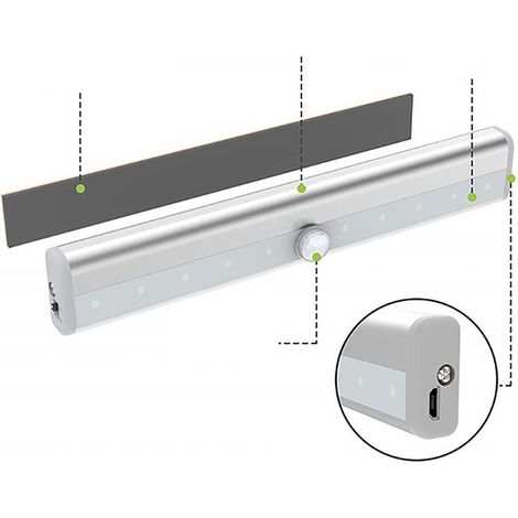 Lampe de placard LED 10 LED rechargeable USB avec détecteur de mouvement, applique murale pour cuisine, chambre, lumière blanche (1/5)