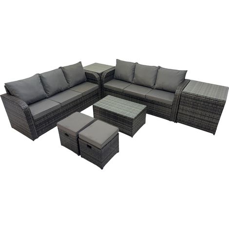 Fimous Outdoor 3 Seater Sofa Coffee Table Set Garden Rattan Furniture Set 8 Seater with 2 Small Stools 2 Side Tables Dark Grey (1/5)