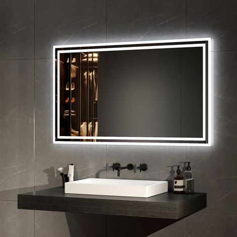 EMKE Espejo de baño con luz, espejo de baño con interruptor mecánico y antivaho, LED iluminación luz blanca y luz cálida, 100 x 60 cm
