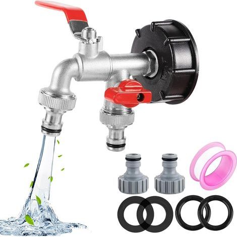 Robinet Cuve 1000L S60X6 IBC Raccord Robinet avec raccord de tuyau Robine double sortie 1/2"+3/4"Adaptateur de Réservoir en Alliage d'aluminium Robinet de Jardin avec Adaptateur en Plastique (1/5)