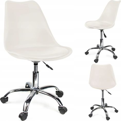 Chaise pivotante blanche avec coussin similicuir – Hauteur réglable 78-90 cm – Piètement acier stable avec roulettes – Charge max 100 kg (1/4)