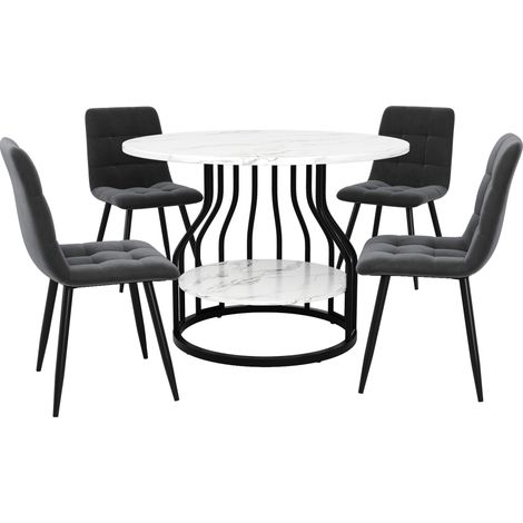 Set tavolo da pranzo rotondo 5 pezzi 80 cm MDF marmo con 4 sedie velluto grigie (1/5)