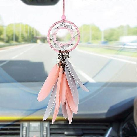 Attrape-rêves fait main, attrape-rêves en plumes grises, décoration murale, pendentif pour rétroviseur intérieur de voiture (rose) (1/5)