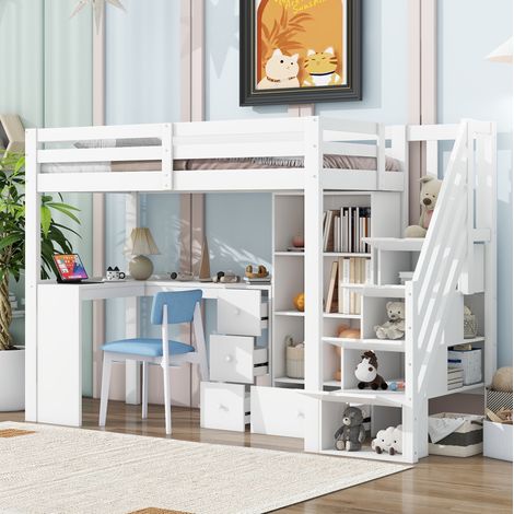 Lit mezzanine enfant 90x200 cm en pin et MDF blanc avec bureau, gain de place sans matelas – MEUBLIV (1/5)