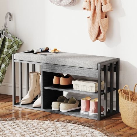 Panca Portascarpe a 3 Livelli, Seduta Imbottita con Vani Aperti, Struttura in Metallo, Legno e Grigio (1/5)