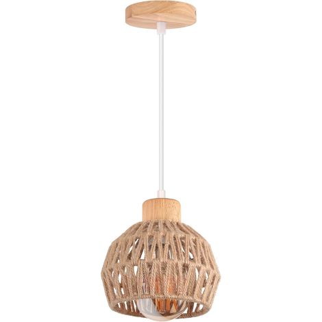 1 Suspension Luminaire Abat-jour Bois Corde Chanvre E27 Design Rétro Décoration Salon Chambre