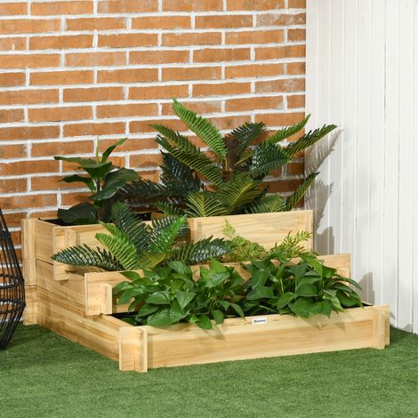 Fioriera rialzata 93x93x35 cm legno naturale a 3 livelli con 5 scomparti (1/5)