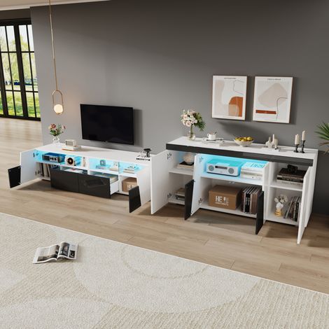 Mobile TV combinato con credenza, LED Bluetooth, bianco e nero, MDF e vetro HAVRYA (1/5)