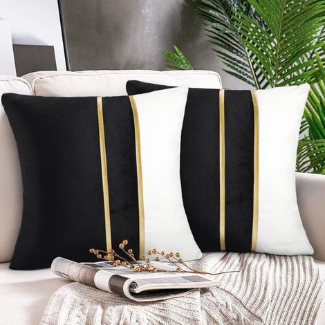 Housse De Coussin 45x45 Cm Lot De 2 Housses Coussin Coutures En Cuir Doré Housses D'oreiller Velours Noir Taie D'oreiller Pour Lit Canapé Voiture Home Décoratif Moderne Luxe Maison Salon Chamb (1/5)