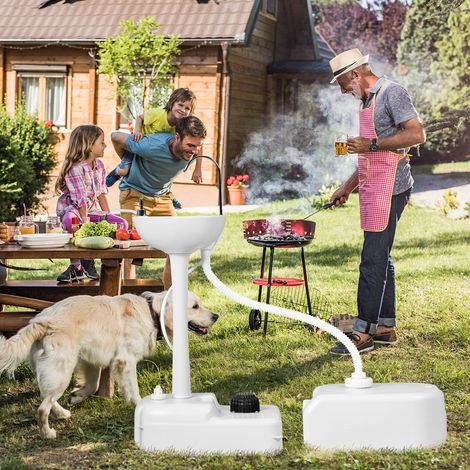 Station de lavage mains portable grise en PEHD avec réservoir 17 L, pompe et roulettes pour camping, jardin et plein air (1/5)