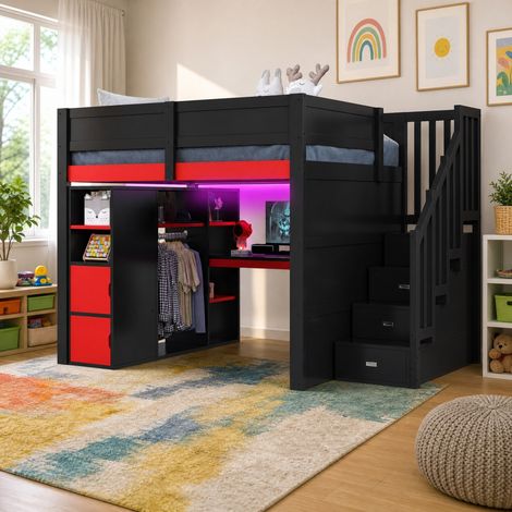 Cama alta gaming 140x200 con escritorio, almacenaje, LED y escalera con almacenaje (1/5)