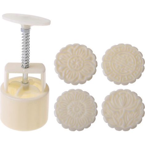 Moule à gâteau de lune 100 g, 4 tampons en forme de fleurs, presse manuelle ronde, moule à pâtisserie pour gâteaux de lune à faire soi-même, Fête de la Mi-Automne (1/5)