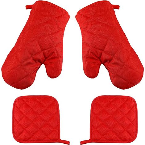 Gant de cuisine gris H30 cm et manique en coton - Protection anti-chaleur pour four et barbecue - Lot de 4 pièces-Rouge (1/5)