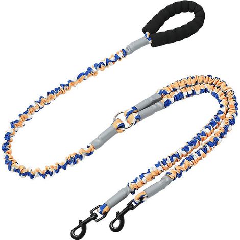 Laisse double pour deux chiens, anti-nœuds, avec poignée en mousse confortable et absorption des chocs, bleue et orange. (1/4)