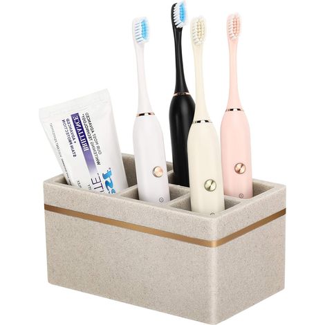 Porte Brosses à Dents en Résine Marbré avec Trou de Drainage Support de Brosse à Dents Électrique Multi-Compartiments,Organisateur Salle de Bain pour Comptoir Lavabo, Beige (1/5)