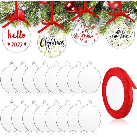 60 adornos navideños en forma de bola, adornos de disco de acrílico transparente, adornos navideños redondos de acrílico de 7,6 cm, bolas planas lisas con agujeros y cinta para colgar en la decoración