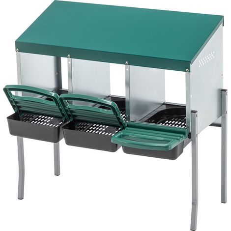 Nido para gallinas de 3 compartimentos con patas y cubierta inclinada de metal verde MODENUIT (1/5)