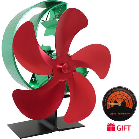 Ventilador de estufa de cinco aspas, accionado por calor, para chimeneas. Funcionamiento silencioso, circula el aire caliente, no requiere pilas. Apto para estufas de leña. Colores: rojo y verde.