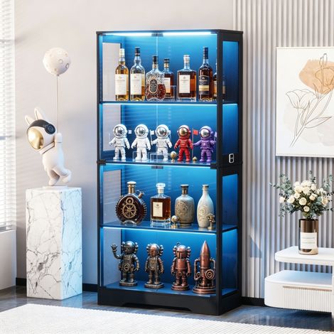 JOOKGBD-Vitrine mit LED Beleuchtung und Glastüren,Glasvitrine,Sammlervitrine, Vitrinenschrank mit Intelligente Sensorik, 4-Lagen Glasvitrine Staubdicht für Wohnzimmer Schlafzimmer Büro,Schwarz