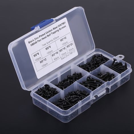 Assortiment de 500 vis autotaraudeuses à tête bombée cruciforme M3 en acier au carbone (1/5)