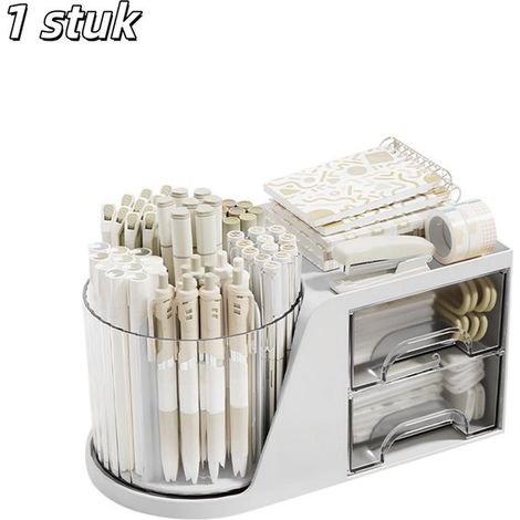 1 portapenne, scatola portaoggetti, organizer per cosmetici, organizer da scrivania con portapenne girevole e 2 piccoli cassetti per organizzare (1/5)