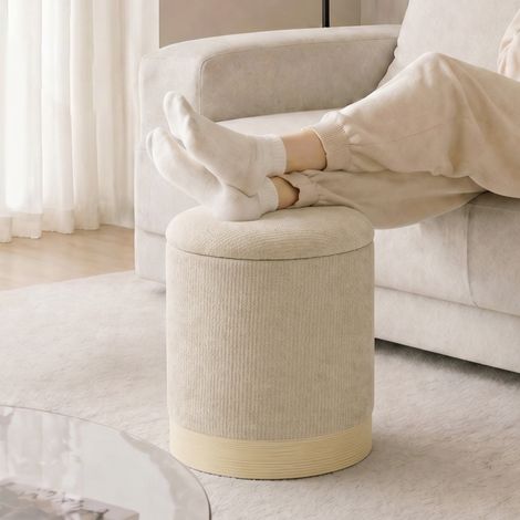 Pouf coffre rangement, tabouret rond en chenille, pouf repose-pieds avec base en métal effet bois, beige (1/5)