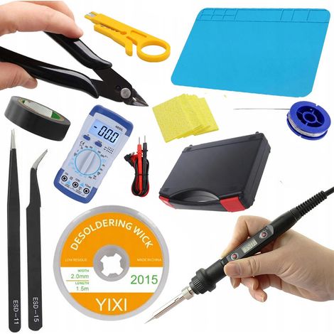 Soldador Rosfix con pantalla M 80W OC80W + Alfombrilla 30x20 + Trenza 2x1.5 + Esponja + Esta帽o 0.8x10 + Alicates 130 + Pinzas 15 + 11 + Cinta negra + Medidor + Chasis + Estuche