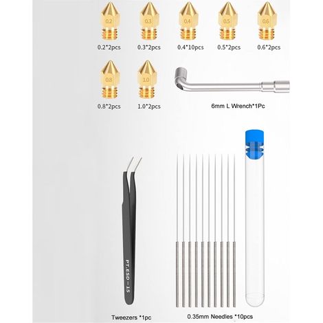 34 STK. 0,2–1,0 MM MK8-Düsen in gemischten Größen, 3D-Drucker-Messingdüsen-Extruder, kompatibel mit Ender 3 CR-10 A8 A8+, mit 10 STK. Reinigungsnadeln