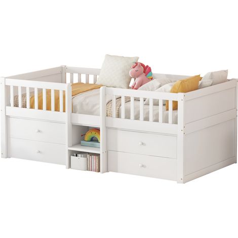 Letto semialto 90x200 cm con 4 cassetti, sponde di sicurezza e scala, in pino e MDF, stile minimalista bianco per camera bambini - CHICFURN (1/5)