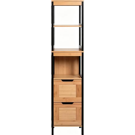 Colonne de salle de bain haute 3 étagères et 2 tiroirs, rangement compact en bambou et MDF, design noir et naturel avec anti-basculement - CHICFURN (1/5)