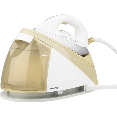 HKoenig V28 Centro de Planchado, 2400W, 6 Bares, Suela de Cerámica "Easyglide", Autonomía Ilimitada, Depósito de agua extraíble 1.1L, Control Manual de la Temperatura, Blanco/Dorado (1/5)