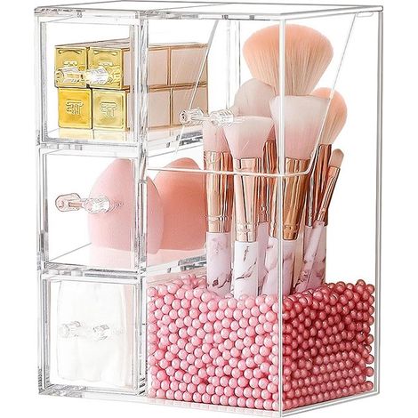 Organizador de brochas de maquillaje - Soporte para brochas de maquillaje, vaso de acrílico transparente a prueba de polvo con perlas rosas (1/5)